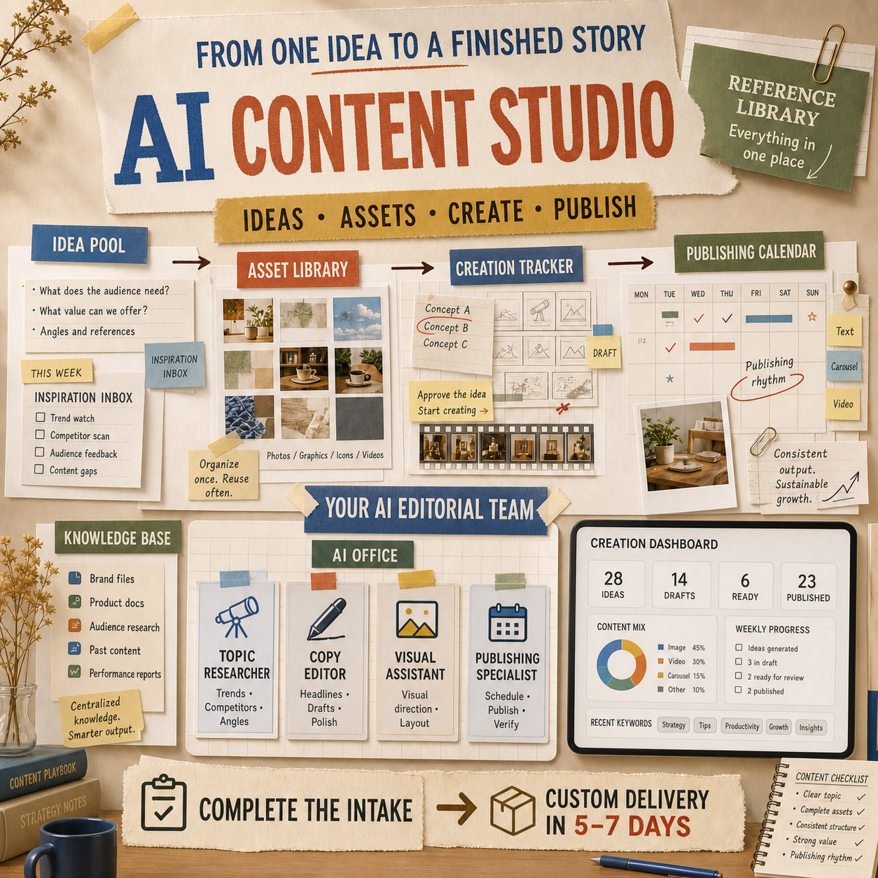 English warm editorial scrapbook DSH content workspace example